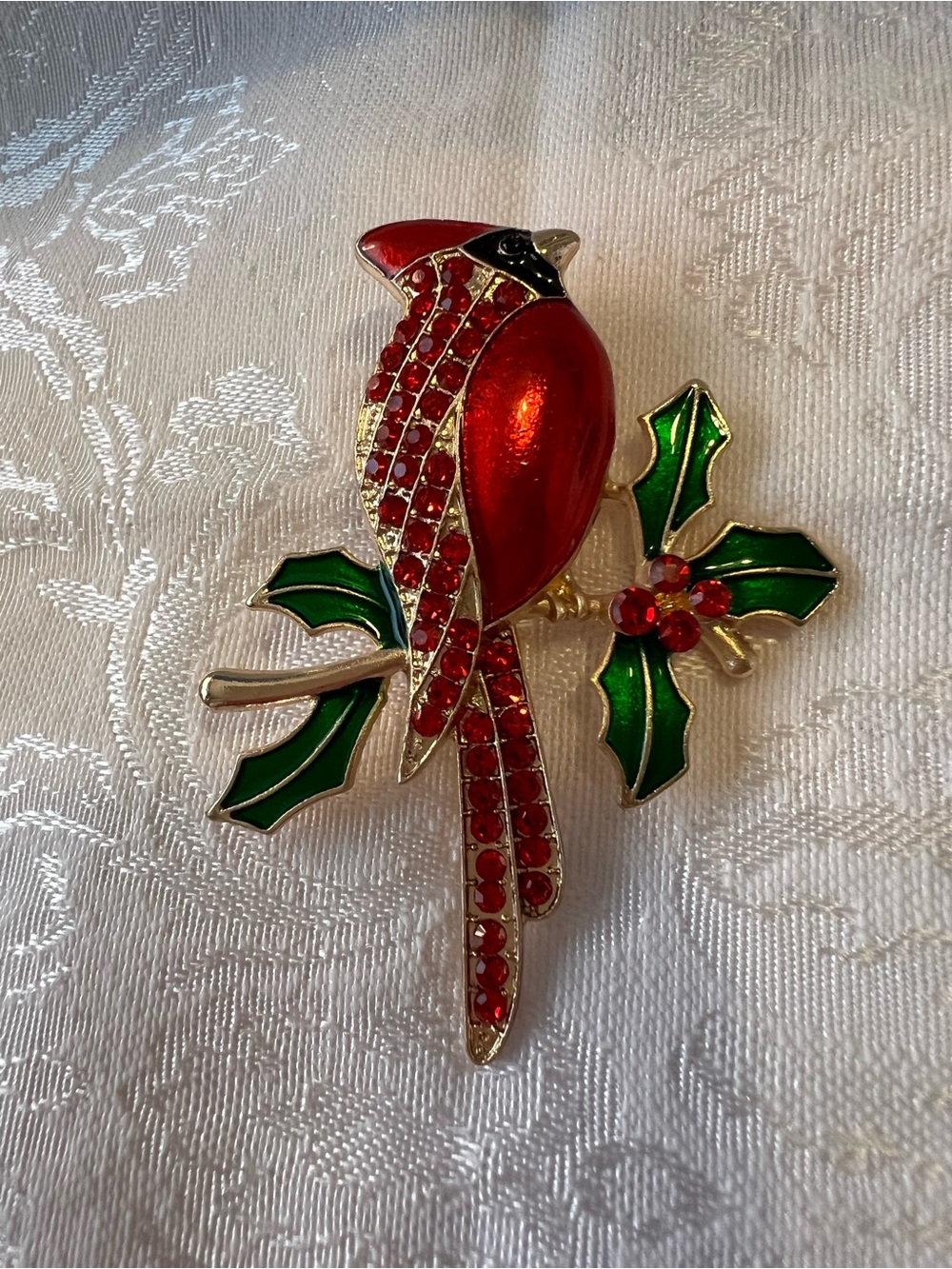 Red Cardinal Holiday Brooch with Green Holly Accents